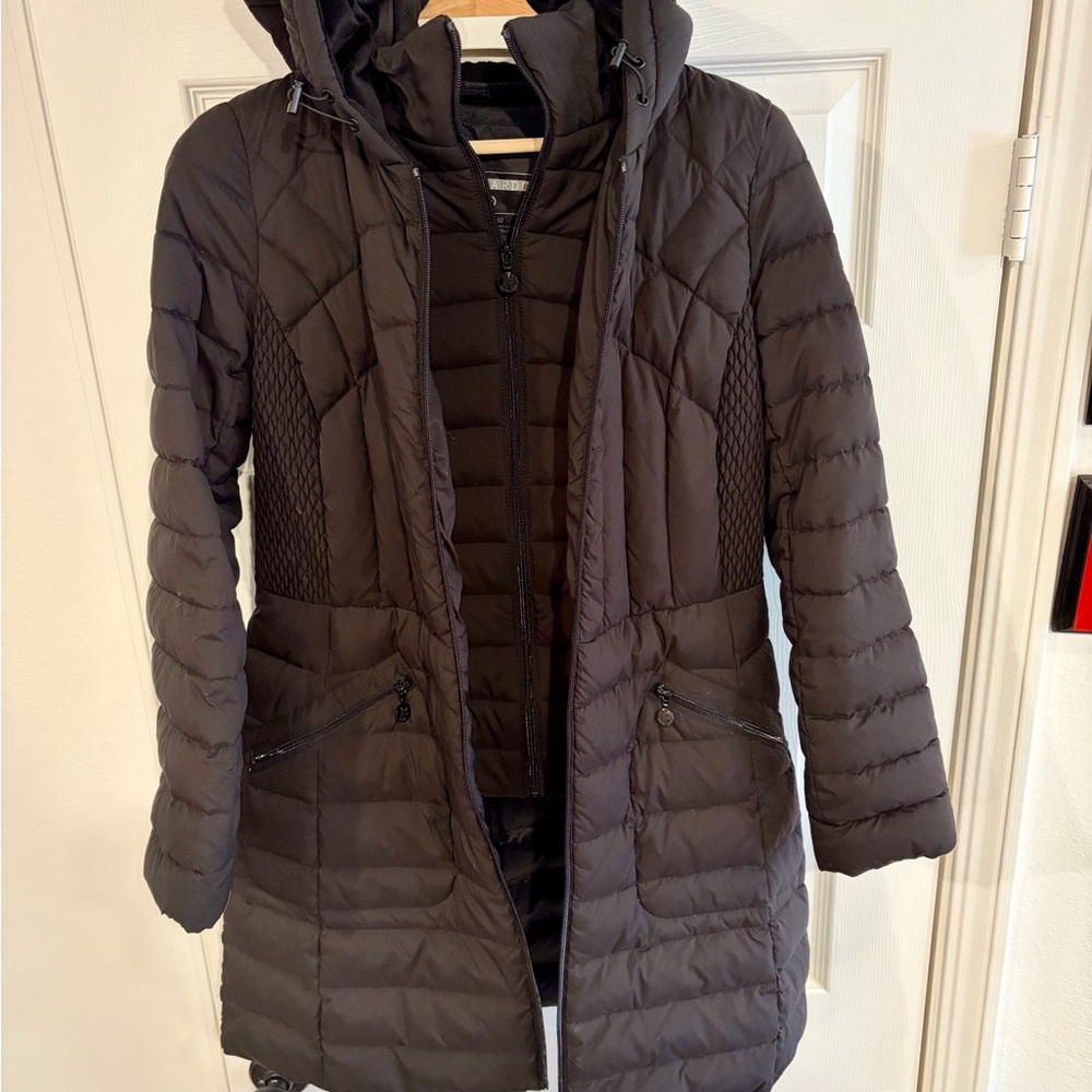 Bernardo Quilted Down Coat – Black, Hooded, Mixed Media Panels, Size M